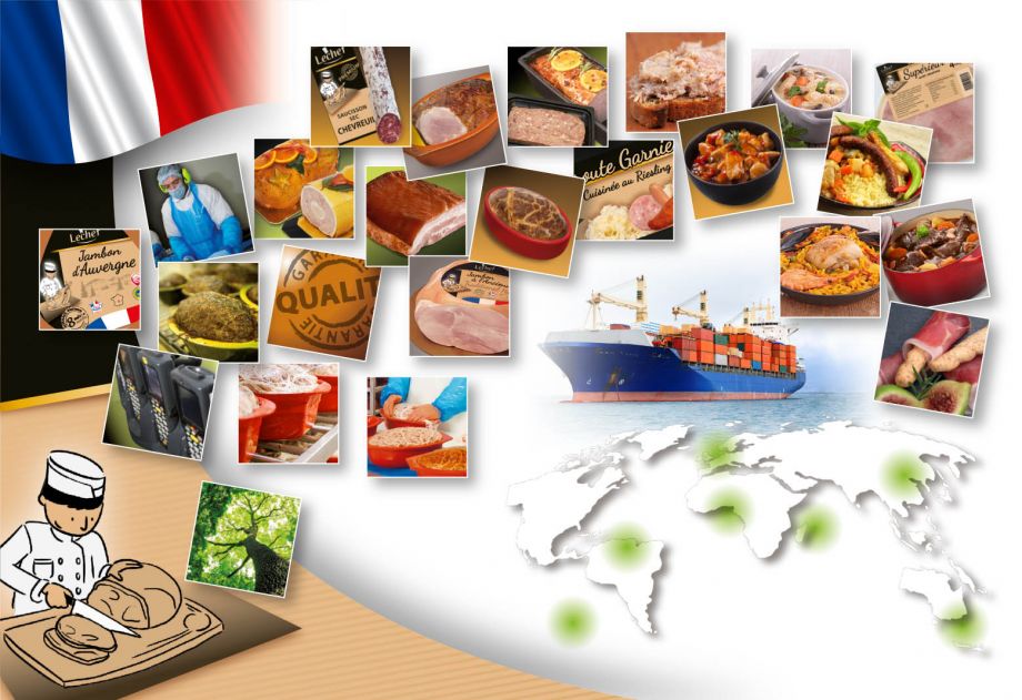 VIsuel carte du monde avec vignettes produits charcuterie, dessin bateau, dessin charcutier